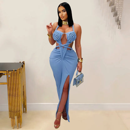 CM.YAYA Women Hemp Rope Halter Neck Stacked Ruched High Split Knit Bodycon Midi Maxi Long Dress 2025 Birthday Sexy Party Dresses
