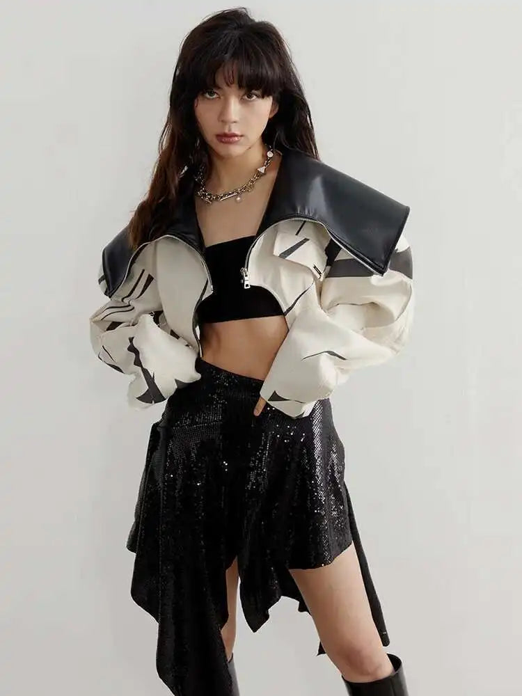 DEAT Fashion Women's Spliced Edge Contrasting Short Jackets Big Lapel Zipper Long Sleeve Short Coat Autumn 2025 New 1DF6153