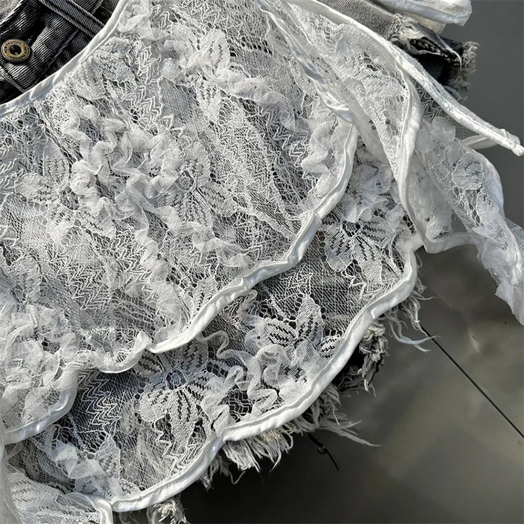 Ruffle Leaf Edge Irregular Curtain Skirt Sweet A Line Skirt Lace Splicing Denim Shorts Street Hipster Denim Shorts Women