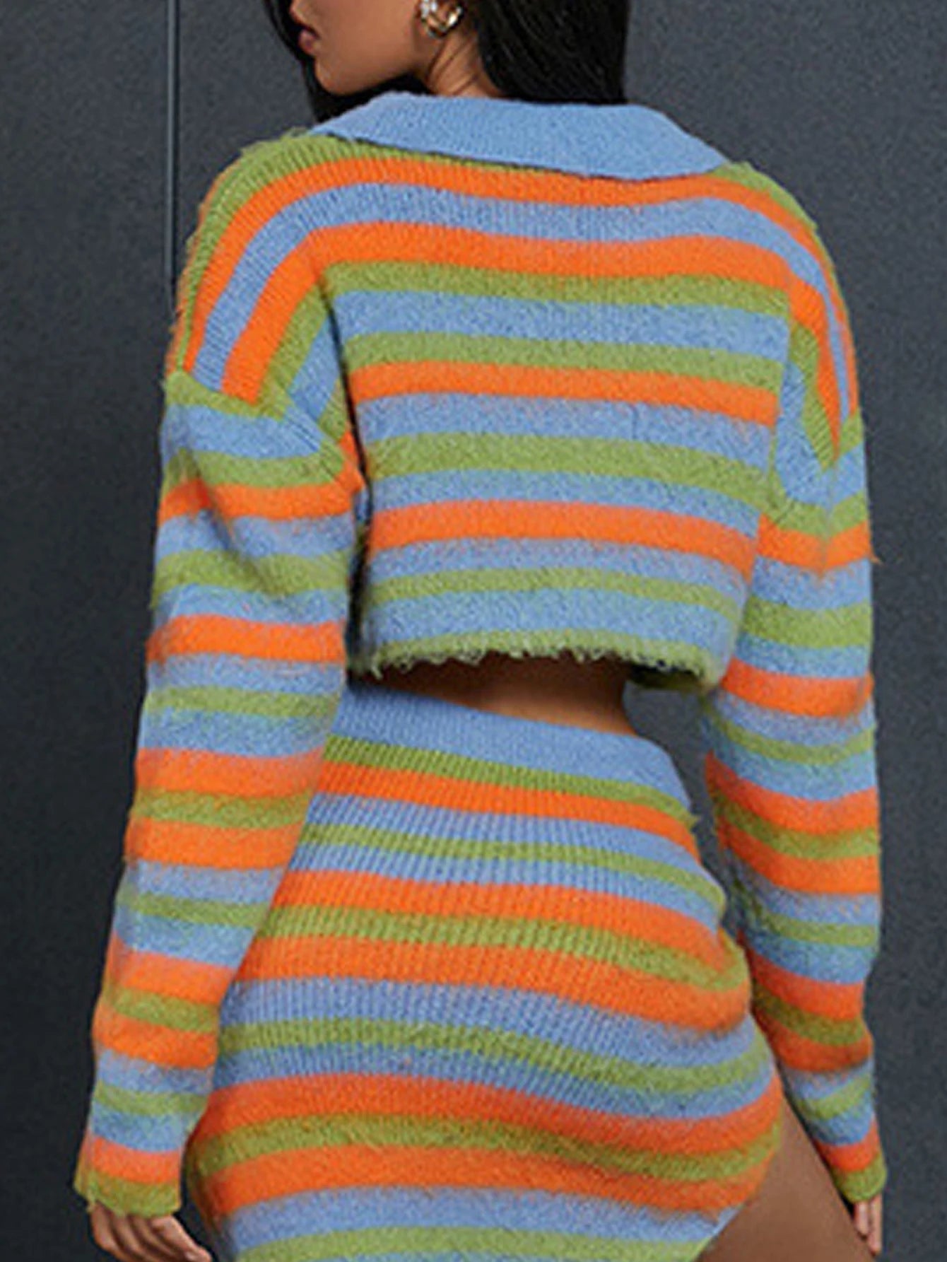 Women's striped color blocked lapel zipper cardigan, slit knitted cardigan, short and sexy cardigan