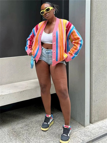 Whatiwear Colorful Striped Sweater Woman Y2K Trend Single-Breasted Long Sleeve Street Hipster Wild Loose Classic Cardigan Coats