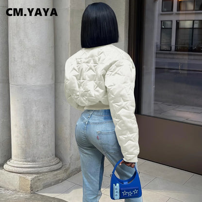 CM.YAYA Women Long Sleeve Star Zipper Fly Baseball Style Parkas Jackets 2023 Autumn Winter Keep Warm Outcoats Jacket
