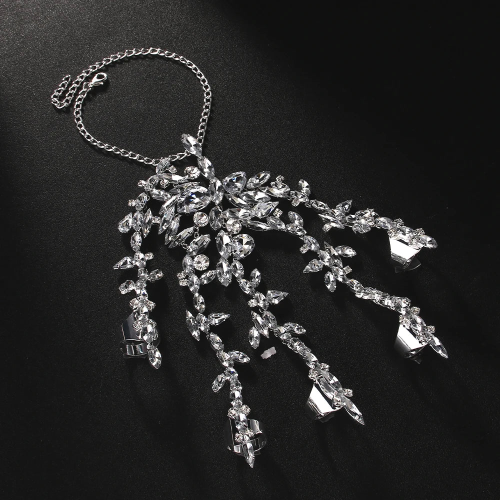 Stonefans Boho Crystal Finger Harness Bracelet Bridal Hand Decoration Wedding Gift Exaggerated Rhinestone Bangles Ring for Women