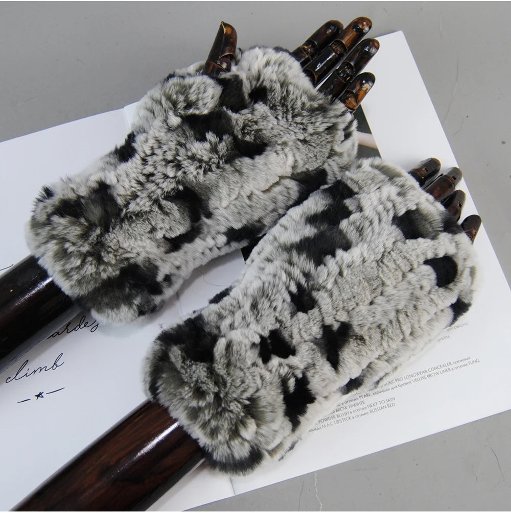 New Arrival Women Knit Fur Mitten Girls 100% Real Genuine Knitted Rex Rabbit Fur Mittens Winter Warm Real Fur Fingerless Gloves