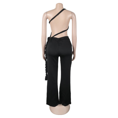 FAGADOER Sexy Ruched Patchwork Bodycon Jumpsuits for Woman Halter Sleeveless Wide-leg Romper Female Streetwear Overalls 2025 New