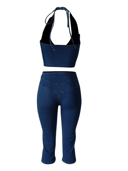 CM.YAYA Fashion ZIP Denim Women's Set sleeveless Crop Top and Calf Length Jeans Pants 2025 Two 2 Piece Sets Outfits Tracksuit