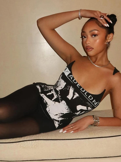 kliou Modern Printed Women Vests Vintage Sexy New Low Neck Ribbed Stretch Lengthen Tank Tops Female Trend Attractive Streetwear