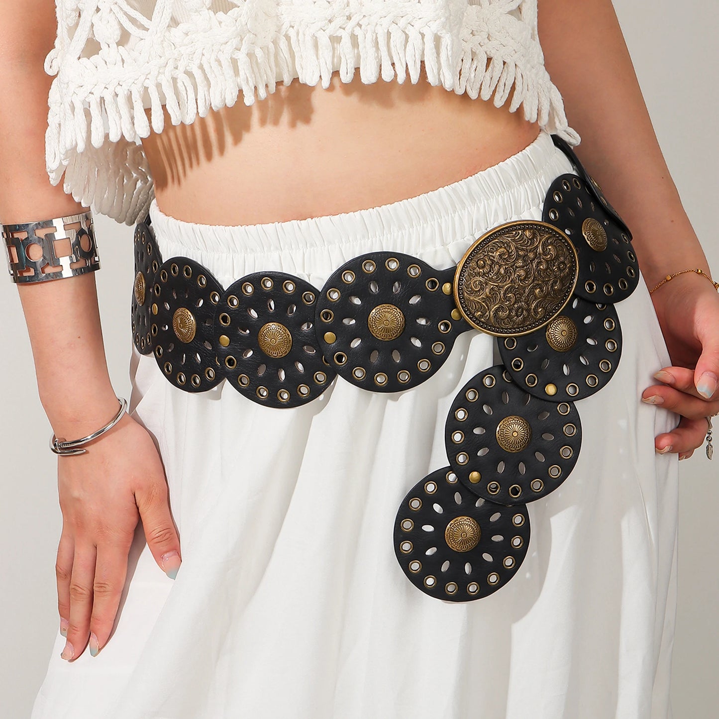 New rivet round piece ethnic style belt for women vintage with skirt pants waist cover Boho style patchwork belt