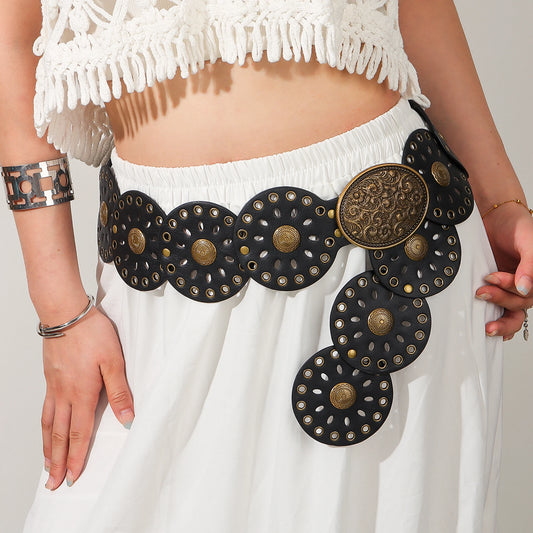 New rivet round piece ethnic style belt for women vintage with skirt pants waist cover Boho style patchwork belt
