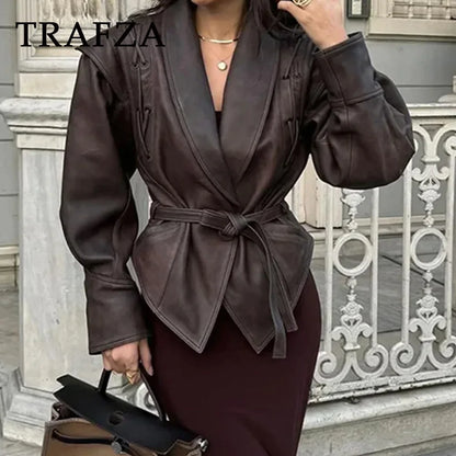 TRAFZA Spring Women Retro Brown PU Jackets Lace-up Single Button Coats Slim Sashes Jacket Fashion 2025 Female Casual Outwears