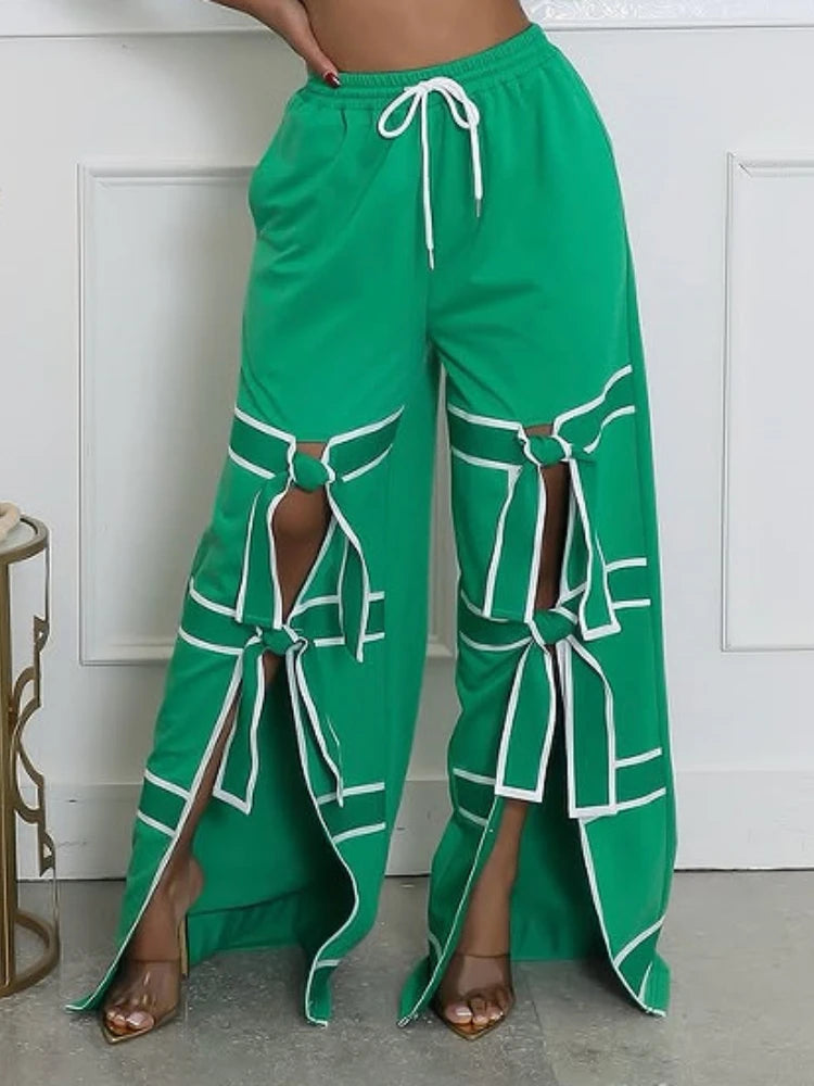 CM.YAYA Fashion Women Striped Patchwork Bowknot Split Wide Leg Jogger Pants 2025 Summer Active Sporty Classic Trousers