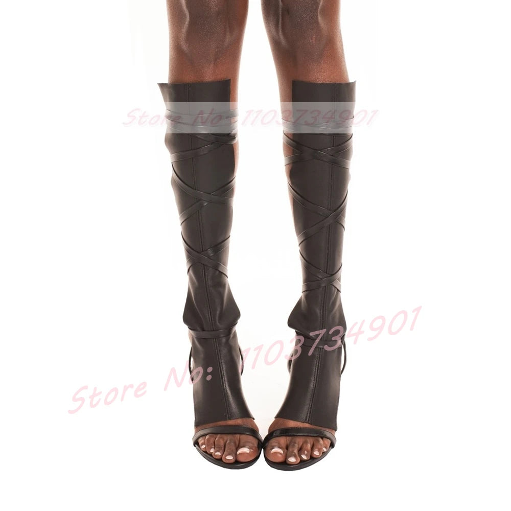 Strappy Gladiator Sandals Women Sexy Open Toe Black PU Leather Stiletto High Heels Shoes Female Rome Party Large Size Sandals