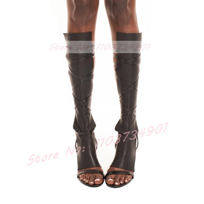 Strappy Gladiator Sandals Women Sexy Open Toe Black PU Leather Stiletto High Heels Shoes Female Rome Party Large Size Sandals