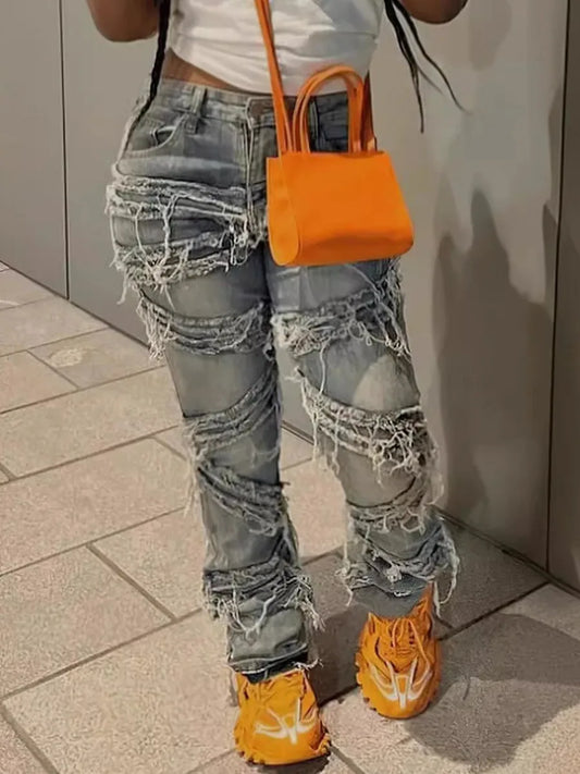 LW Tear Solid High Waist Jeans Women's Clothing  Street Style Tassel Design High Elasticity Pants Casual Trousers Daily Wears