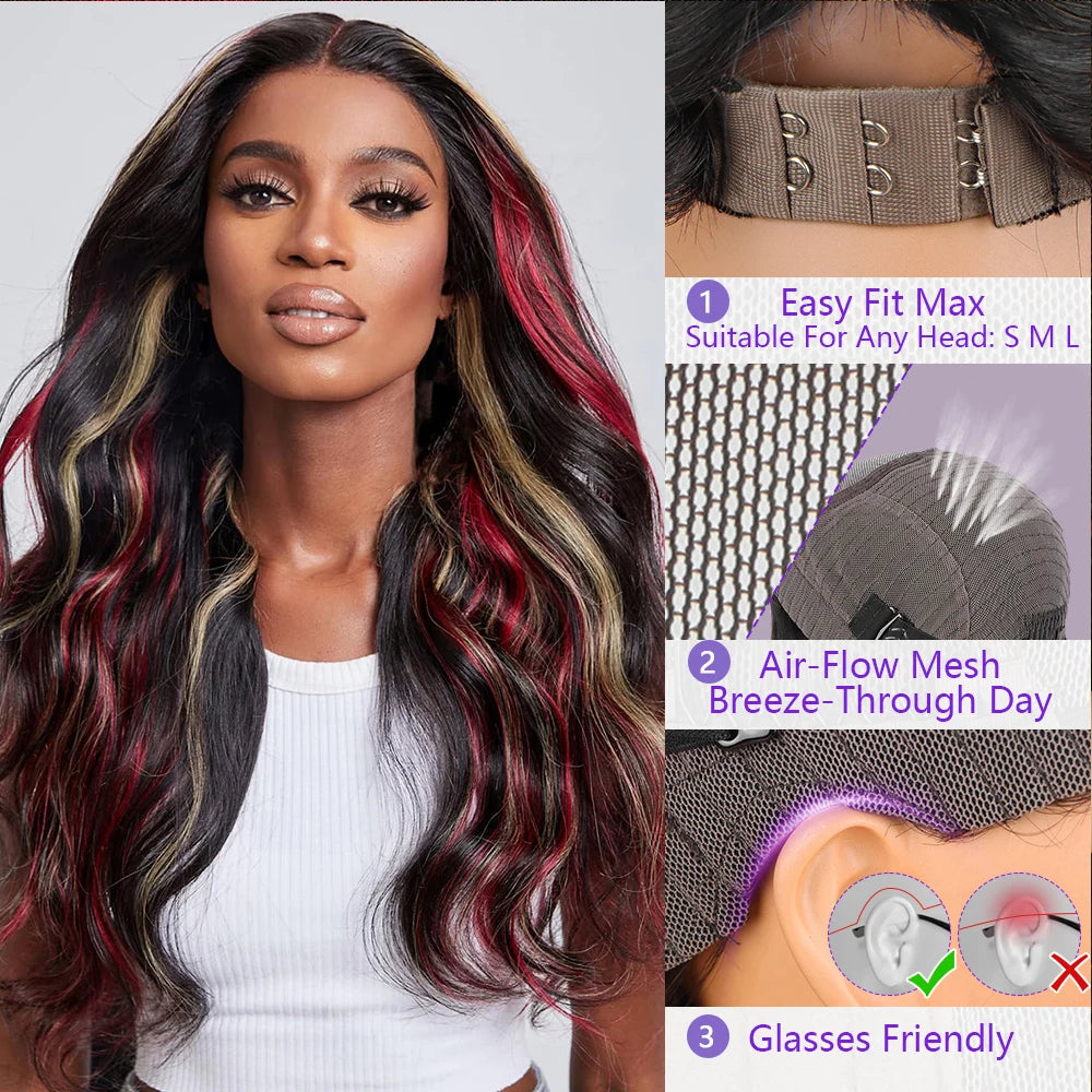1B/27/Red With Black Blonde Highlight Wig 30 Inch 5x5 Glueless Body Wave Colored Wear And Go Wigs 180 Density Human Hair Wigs