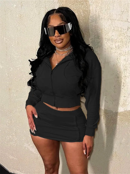 HLJ Spring New Casual 2 Piece Sets Woman Outfit Solid Zip Drawstring Crop Jacket and Bodycon Skirts Female Streetwear Clothing