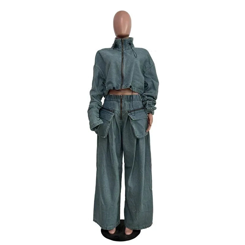 Casual Loose Denim Two Piece Set for Women Streetwear 2023 Autumn Zipper High Collar Crop Top Elastic Waist Wide Leg Cargo Pants