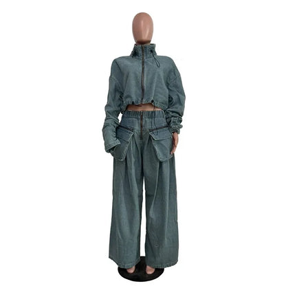 Casual Loose Denim Two Piece Set for Women Streetwear 2023 Autumn Zipper High Collar Crop Top Elastic Waist Wide Leg Cargo Pants