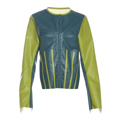 Weird Puss Hipster Patchwork Jacket Women Y2K Faux Leather Irregular Backless Zip Stripe Wild Basic Streetwear Autumn Trend Coat