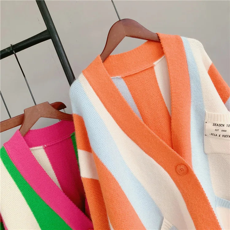 Joskaa Striped Patchwork Knitted Cardigan Women V-Neck Long Sleeve Single Breasted Sweater Coat Autumn 2023 Outwear Streetwear