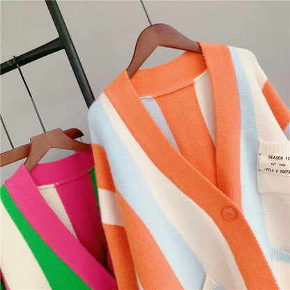 Joskaa Striped Patchwork Knitted Cardigan Women V-Neck Long Sleeve Single Breasted Sweater Coat Autumn 2023 Outwear Streetwear