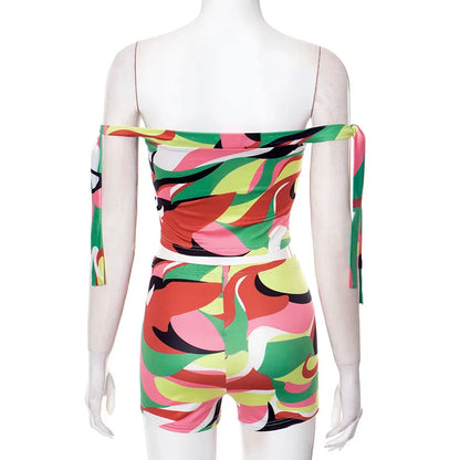 Joskaa Colorful Print Beach Style 2 Piece Sets Women Swimsuit Sexy Tube Tops and Shorts Matching 2025 Summer Bathing Suit