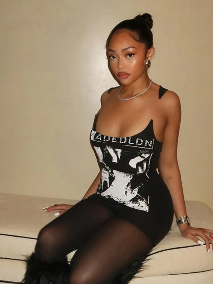 kliou Modern Printed Women Vests Vintage Sexy New Low Neck Ribbed Stretch Lengthen Tank Tops Female Trend Attractive Streetwear