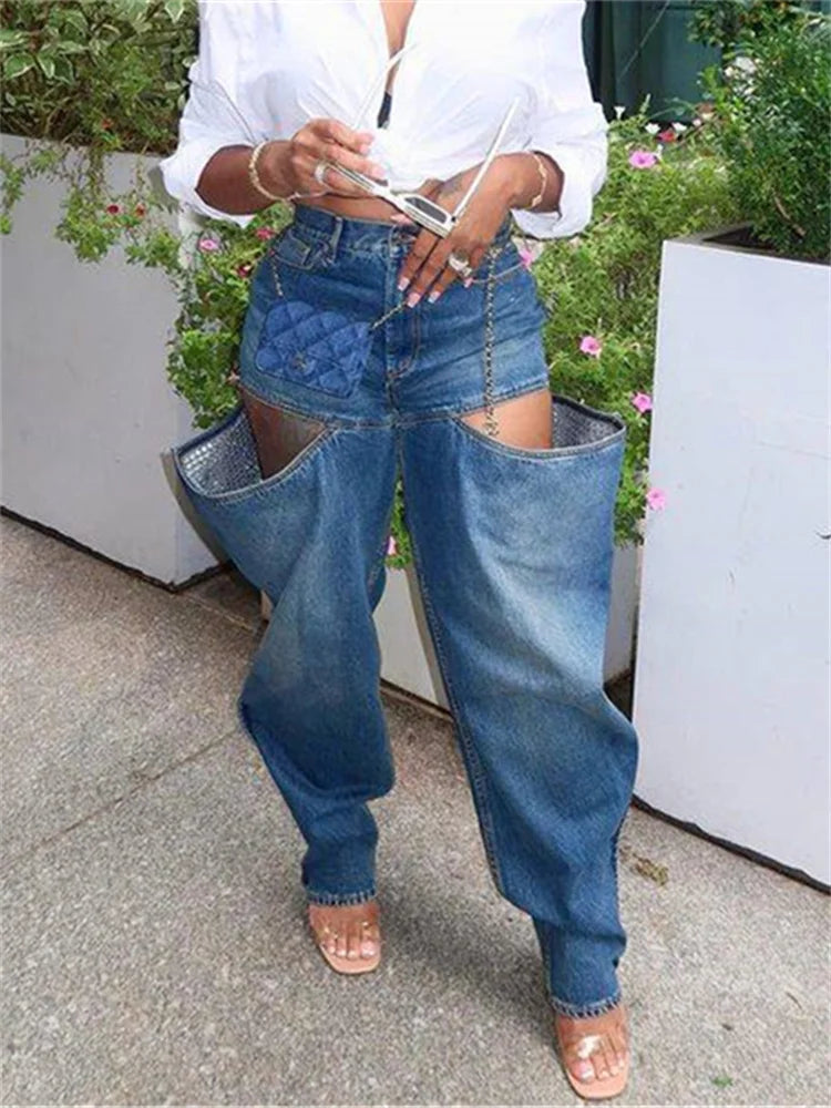 Simenual Fashion Streetwear Bottoms Punk Grunge Blue Hollow Out Loose Denim Pants Casual Y2K Rave Zip Cargo Trousers Indie Jeans