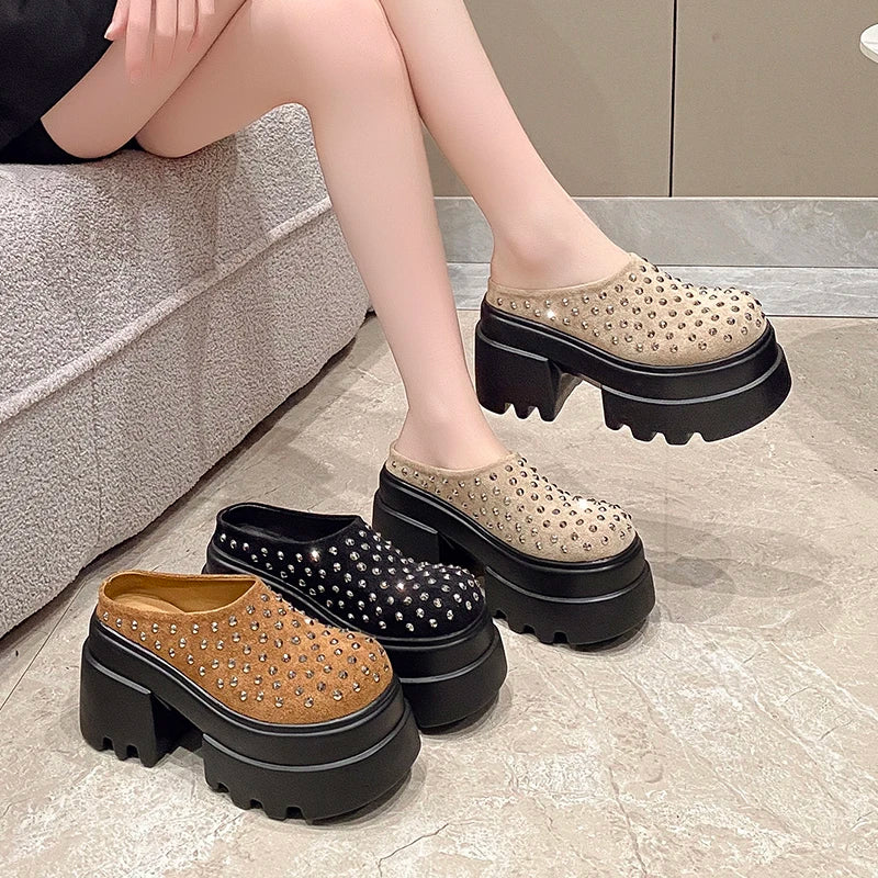 10CM New Rivet Platform Women Slippers Fashion Chunky High Heeled Sandals Comfort Roma Style Round Toe Slide Mule Shoes Summer
