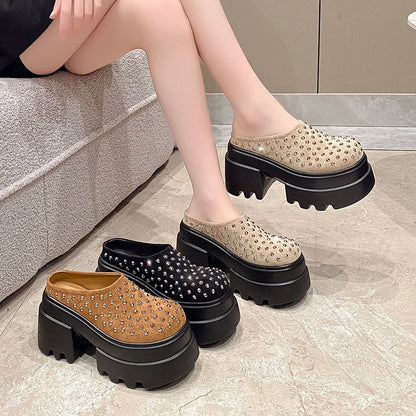 10CM New Rivet Platform Women Slippers Fashion Chunky High Heeled Sandals Comfort Roma Style Round Toe Slide Mule Shoes Summer