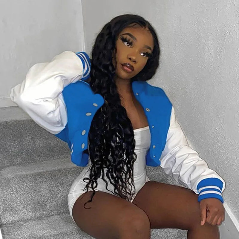 Women Crop Vintage Varsity Jacket Faux Leather Patchwork Long Sleeve Button Down Bomber Jackets Casual Baseball Jersey Jackets