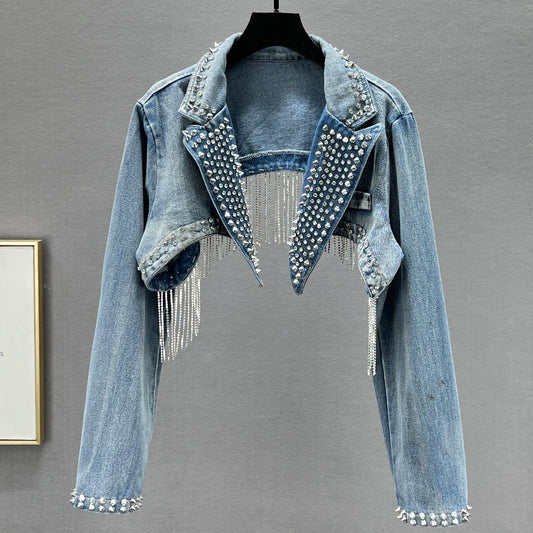 Rhinestone Beaded Tassels Rivets Denim Jacket Short Crystal Fringed Backless Jeans Coat Diamonds Cowboy Cardigan Sequins Tops