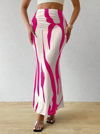 Long Skirts For Women Dressy Casual Graphic Zebra Print Pleated Skirts Spring New Fashion Elastic High Waist Geometry Streetwear
