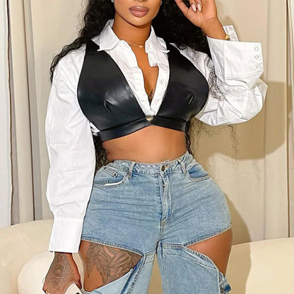 Joskaa Casual Lapel Long Sleeve Single Breasted Slim Crop White Blouses with Black Pu Bra Matching 2024 Chic Tops Streetwear