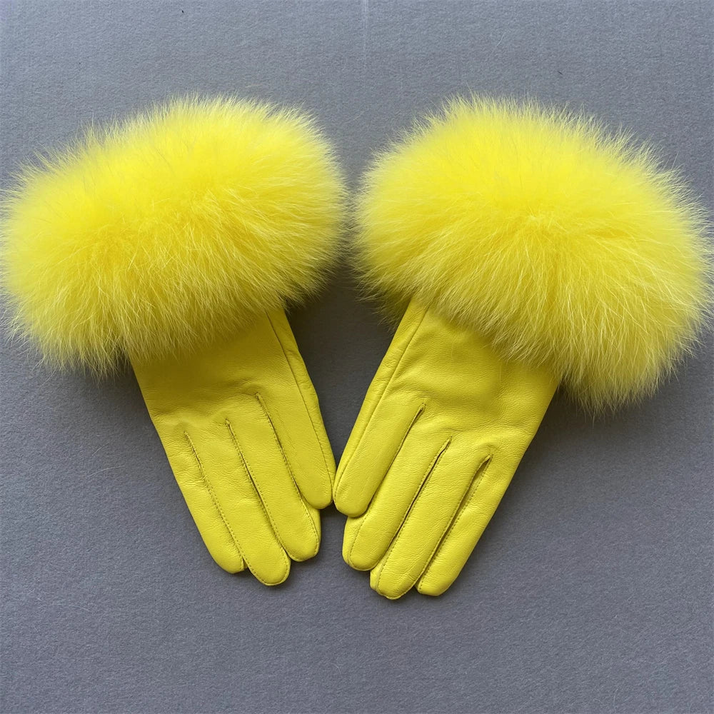 Jxwatcher Wholesale Fox Fur Gloves Winter Female Luxury Style Warm Sheepskin Genuine Leather Gloves Driving Thickening Mitten