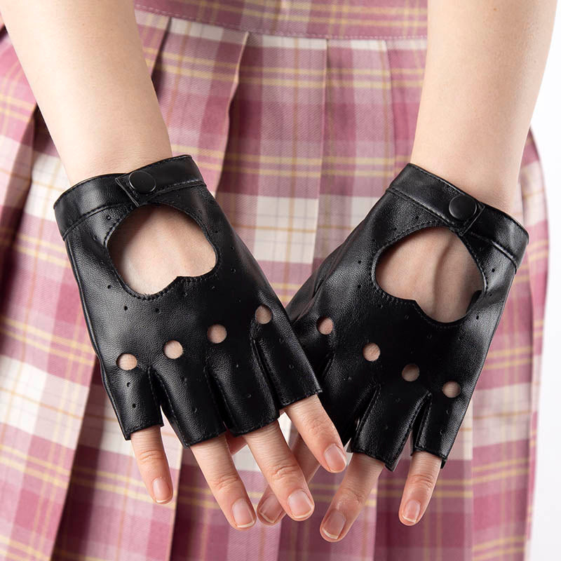 Black Punk Rivet Short PU Leather Half-Finger Gloves Women Hip-Hop Driving Motorcycle Party Cool Girl Handsome Fingerless Mitten