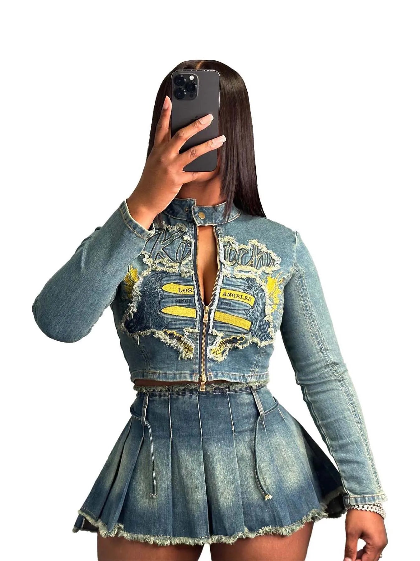 CM.YAYA Denim Women's Set Letter Embroidery Full Sleeve Jacket and Pleated Skirts Suits Streetwear Sexy Two 2 Piece Set Outfits