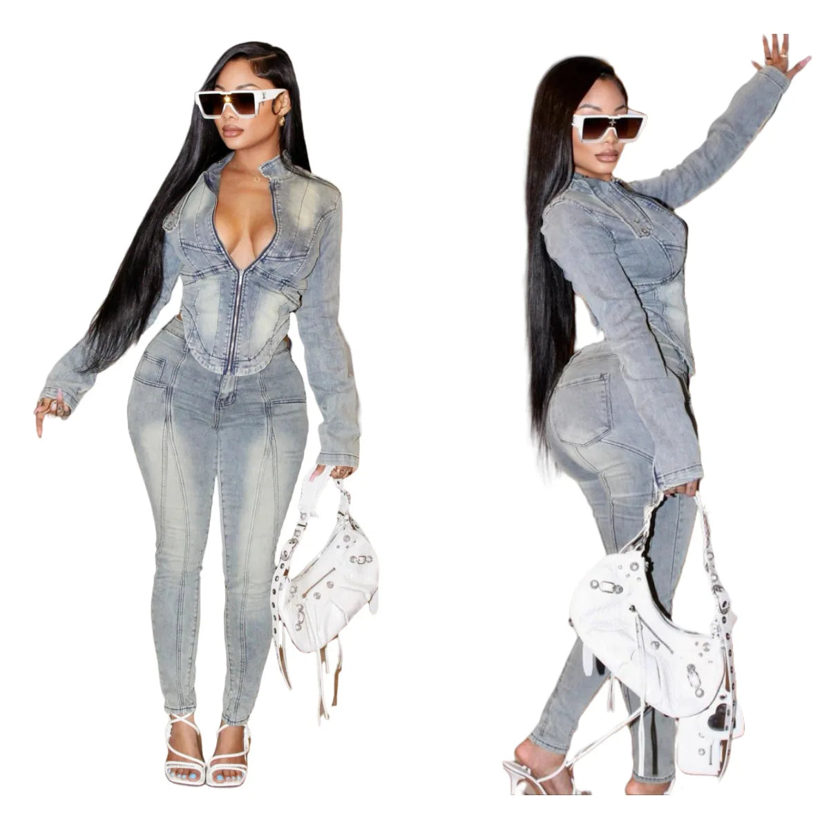 CM.YAYA Fashion Denim Women's Set Full Sleeve V-neck Jacket +Jeans Pants 2024 Fall Streetwear Two 2 Piece Sets Outfit Tracksuit