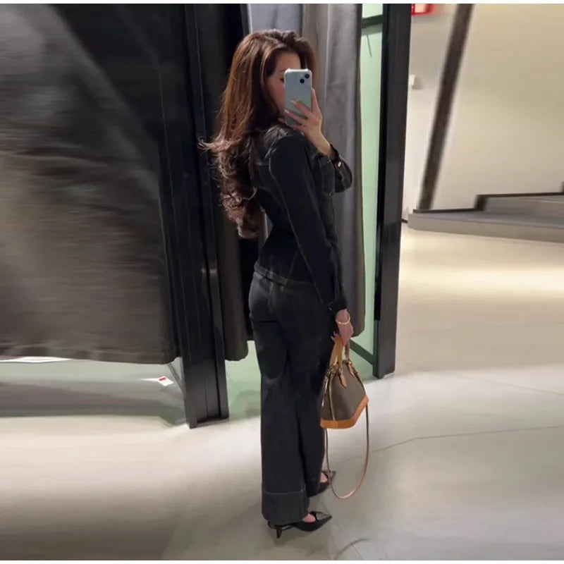 Street Vintage Denim Pants Sets Women Slim Long Sleeve Lapel Single Breasted Jacket Straight Trousers 2025 Spring Lady Outfits