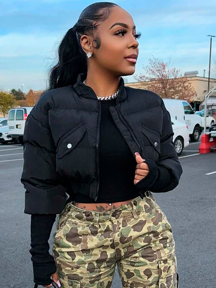 Sexy Y2K Cropped Puffer Jackets Women 2025 Winter Clothes Stand Collar Long Sleeve Warm Bubble Quilted Coat Female Outerwears
