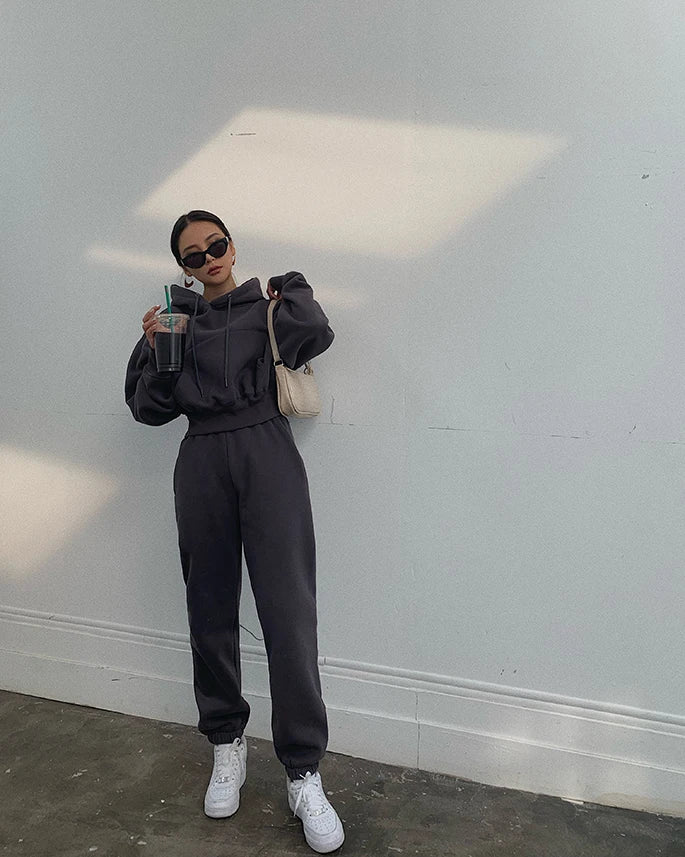 Casual New Fashion Hoodies Suit Women Winter Spring Solid Tracksuit Two Pieces Set Sports Pullover Sweatpants Sweatshirt Mujer