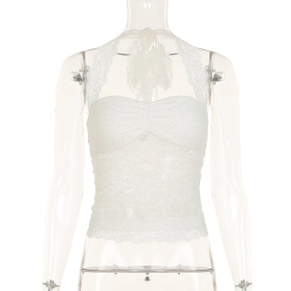 Cuteandpsycho Sexy Lace Patchwork Y2K Camisoles Backless Transparent Slim Outfits Party 90s Vintage Clubwear Halter Neck Tops