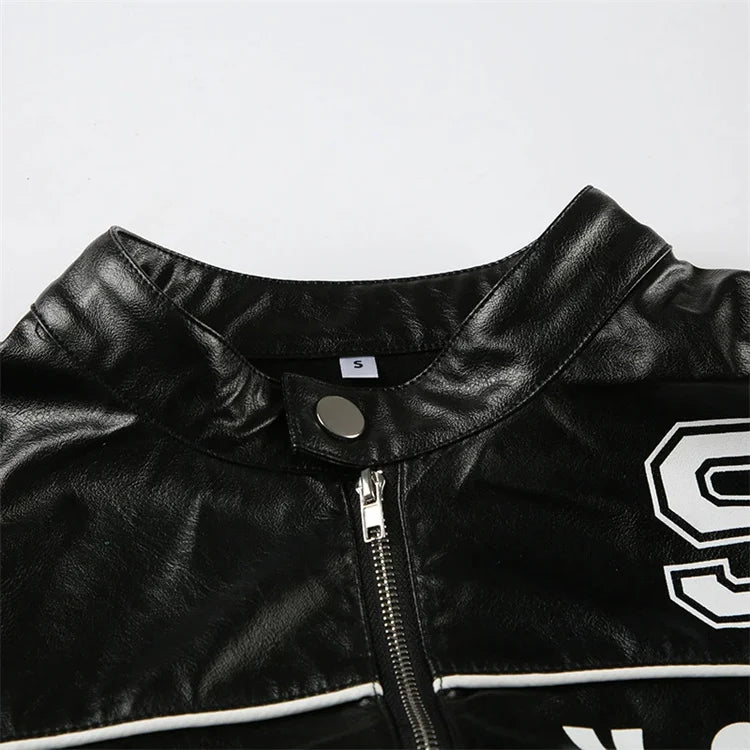 kliou Letter PU Patchwork Women Coats New Hipster Button Zip-up Full Sleeve Crop Jackets Trend Cool Street Outwear Spring New