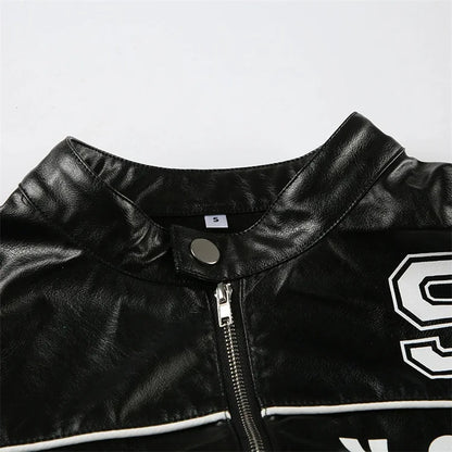 kliou Letter PU Patchwork Women Coats New Hipster Button Zip-up Full Sleeve Crop Jackets Trend Cool Street Outwear Spring New
