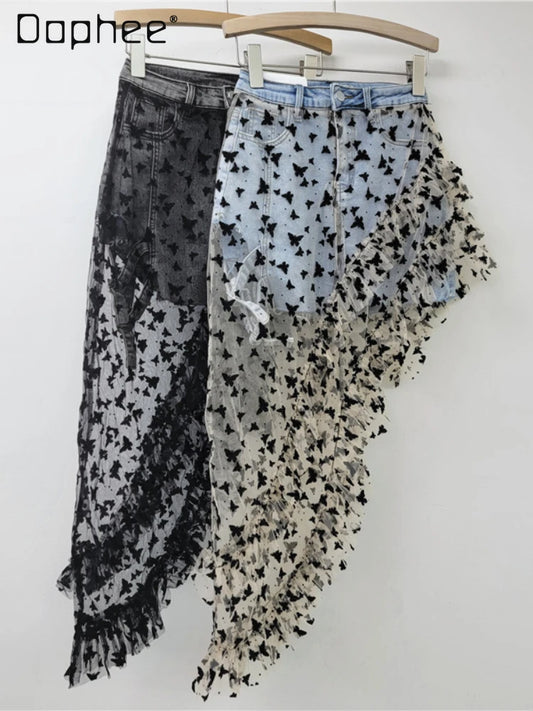 American Fashion Irregular Mesh Embroidery Butterfly Skirt Splicing Denim Elastic A Line Short Skirt Women Clothing 2025 New