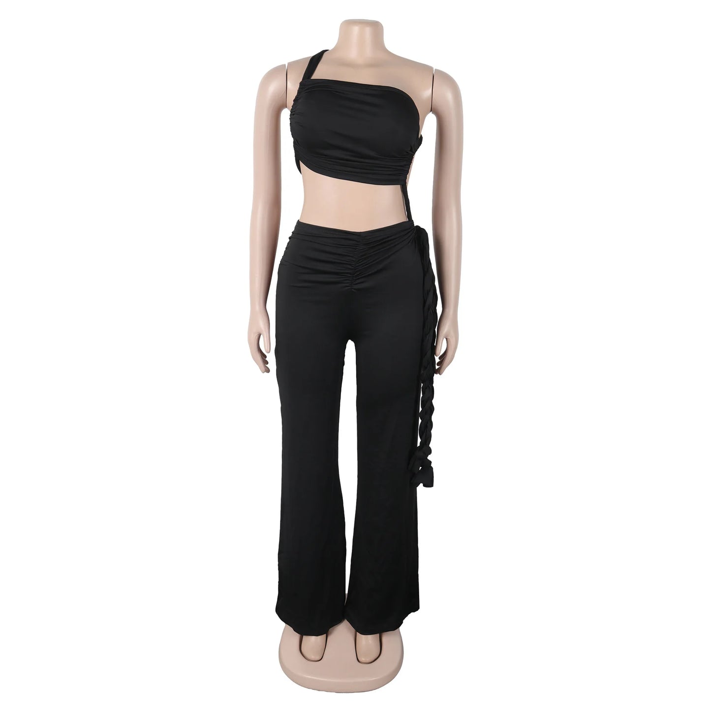 FAGADOER Sexy Ruched Patchwork Bodycon Jumpsuits for Woman Halter Sleeveless Wide-leg Romper Female Streetwear Overalls 2025 New