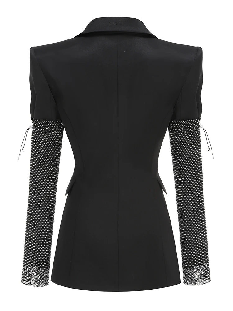 Sexy V Neck Long Sleeve Blazer With Rhinestone Sleeve Women Black Diamond Patchwork Slim Jacket Evening Party Club Cocktail Coat
