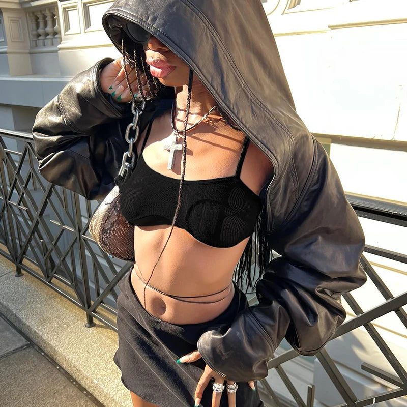 BIIKPIIK Fashion Streetwear Leather Jacket Punk Gothic Black Hooded Coat For Women Full Sleeve All-match Hot Outfit Club Vintage