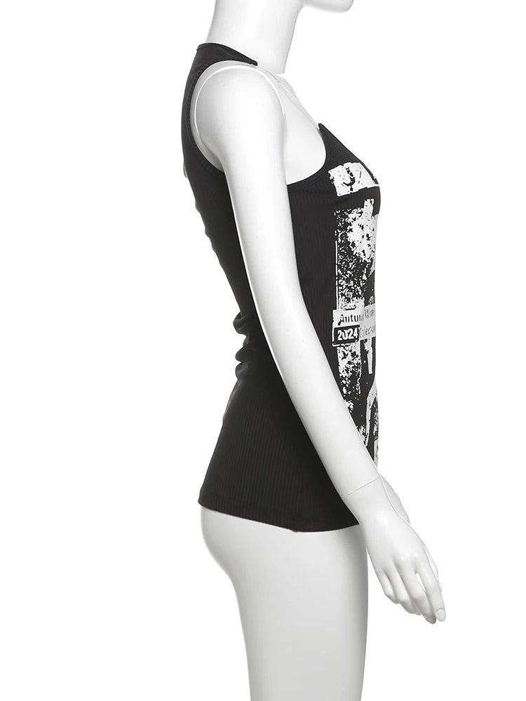 kliou Modern Printed Women Vests Vintage Sexy New Low Neck Ribbed Stretch Lengthen Tank Tops Female Trend Attractive Streetwear
