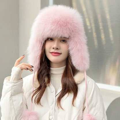 2025 100% Real Fox Fur Hats Women's Russian Ushanka Aviator Trapper Snow Skiing Hat Caps Earflap Winter Raccoon Fur Bomber Hat